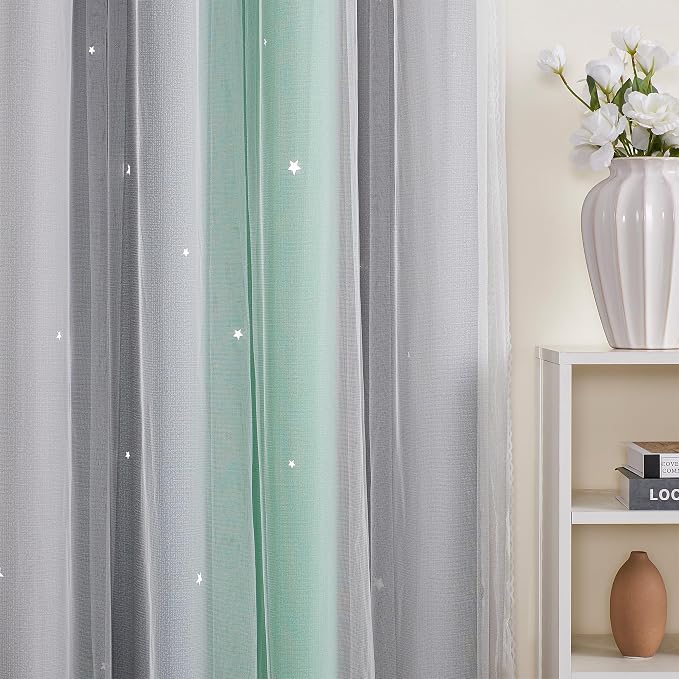 XiDi Curtains for Bedroom Decor, Rainbow Green LightgreyGrey52/96/1 - Image 3