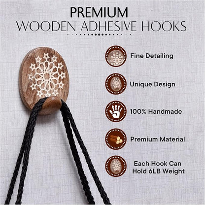 Indian Shelf 6 Lb- 3 Pieces Decorative Wood Adhesive Wall Hooks–Boho Peel and - Image 3