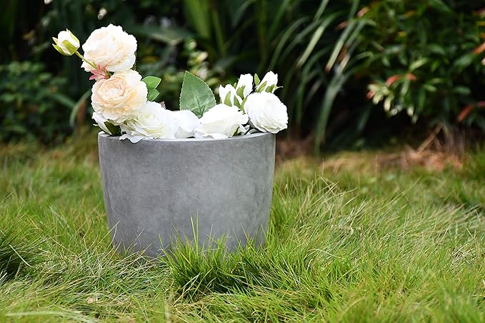 Kante 14 Inch Dia Round Concrete Planter, Indoor Outdoor Large Plant Pot with Drainage Hole and Rubber Plug for Home Patio Garden, Natural Concrete