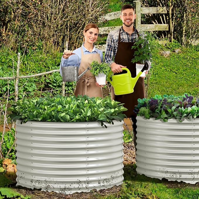 Olle 32" Tall, Raised Beds for Gardening Galvanized Raised Garden Beds Round Garden Bed Metal Flower Bed Outdoor, Backyard Garden Planter Box, Ivory