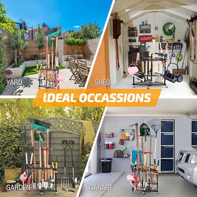 PLKOW Garden Tool Organizer with Wheels and Storage Hooks, Rolling Corner Tool Storage Rack for Garden, Shed, Garage, Powder Coated Steel, Black