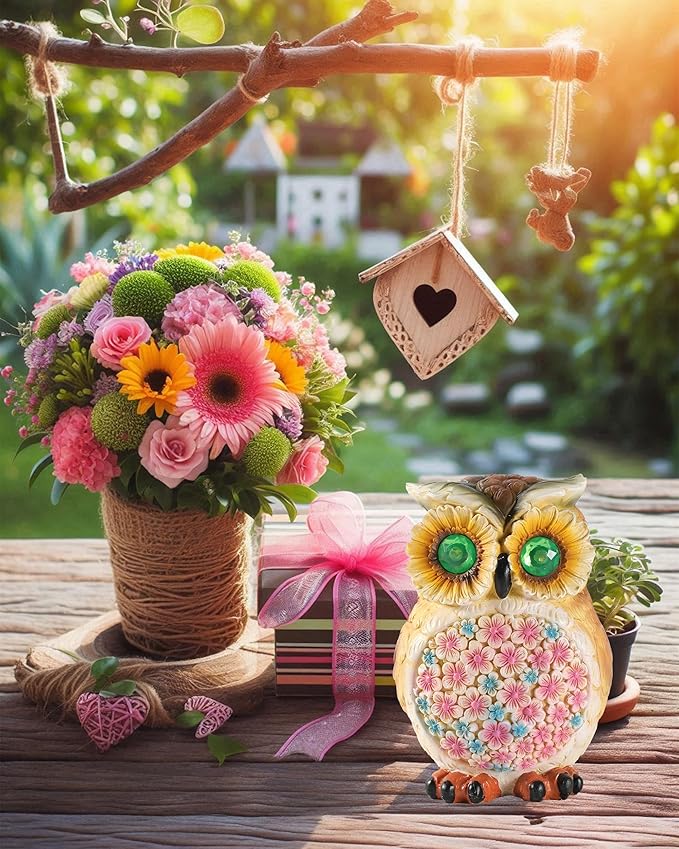 Hand-Painted Resin Owl Figurine with Glow-in-The-Dark Eyes, Solar-Powered Garden Decor 5.5'' Lawn Ornaments Statue Gardening Gifts for Outside Yard Art Patio (Owl)