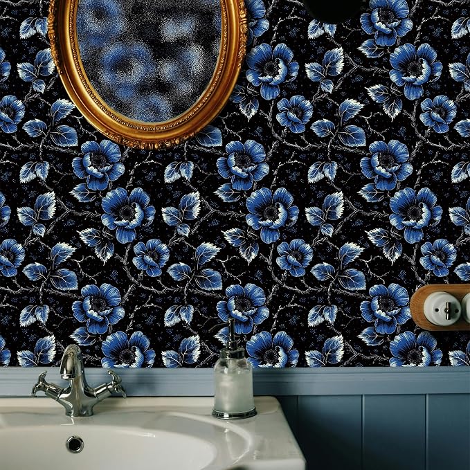FLFK Floral Wallpaper Peel and Stick Dark Blue Flower Wallpaper 16" x 128" - Image 3