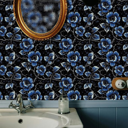 FLFK Floral Wallpaper Peel and Stick Dark Blue Flower Wallpaper 16" x 128" - Image 3
