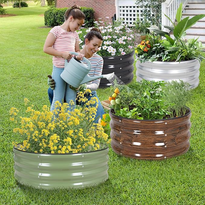 Galvanized Raised Garden Bed- 2Pcs 2x2x1FT Metal Planter Boxes Outdoor | Round Steel Raised Bed Kit & Fire Pit Ring for Gardening with Protective Tape, Gloves for Vegetables (Wood Grain)