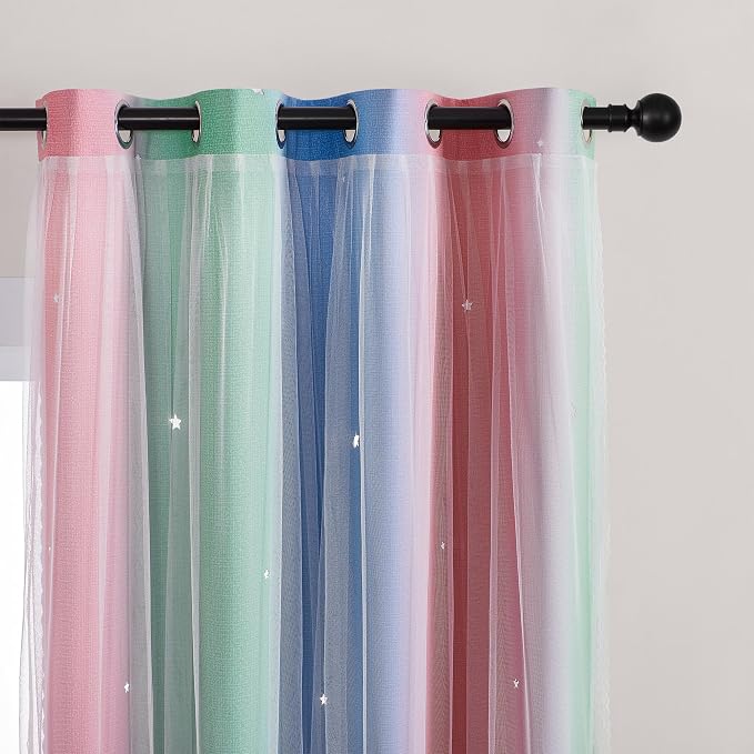 XiDi Curtains for Bedroom Decor, Rainbow Pink GreenBlue52/54/1 - Image 2