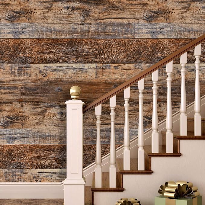 WENMER 23.6" x 197" Brown Wood Peel and Stick Wallpaper Shiplap Self Adhesive - Image 3