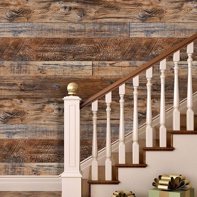 WENMER 17.71" x 394" Brown Wood Peel and Stick Wallpaper Shiplap Self Adhesive - Image 2