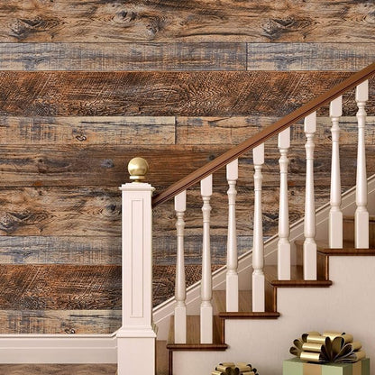 WENMER 17.71" x 394" Brown Wood Peel and Stick Wallpaper Shiplap Self Adhesive - Image 2
