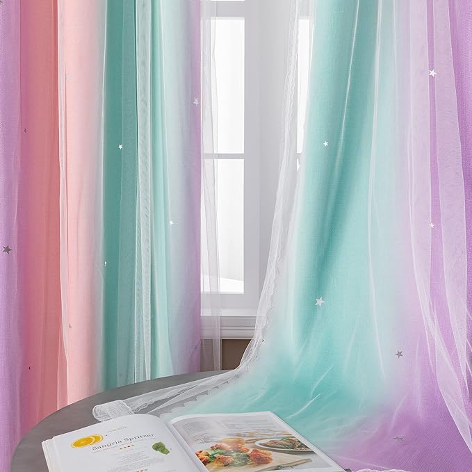 XiDi Curtains for Bedroom Decor, Rainbow PinkPuGreen-52-45 - Image 4