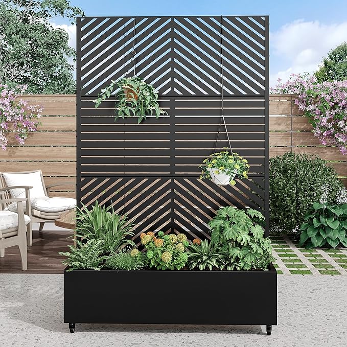 Casaphoria Metal Raised Garden Bed with Trellis and Wheels, 72"x47"x16" Planter Box for Climbing Plants, Vegetables & Vines, Features Drainage Holes and Privacy Screen, Black(Parallel&Louvered)