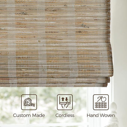 TWOPAGES Natural Woven No Drill Roman Shades, Custom Cordless Blackout Bamboo - Image 4