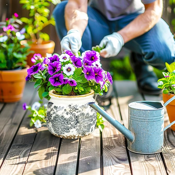 Vintage Grey Ceramic Ice Crack Flower Pot with Drainage Holes, Country Rustic Planters for Indoor and Outdoor,Tuscan Decor,Home,Living Room, Garden Decor, Gardening Gift