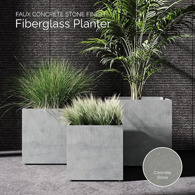 Reglito Cube Planter – Fiberglass Indoor/Outdoor and Weather-Resistant Large Planter (Concrete Stone, 23.6" L x 23.6" W x 24.2" H)