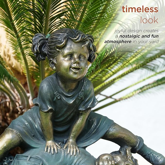 Alpine Corporation 26" Tall Indoor/Outdoor Girl Jumping Over Boy Statue Yard Art Decoration