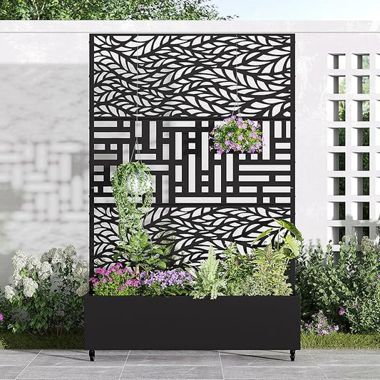 Casaphoria Metal Raised Garden Bed with Trellis and Wheels, 72"x47"x16" Planter Box for Climbing Plants, Vegetables & Vines, Features Drainage Holes and Privacy Screen, Black(Spring&Helen)