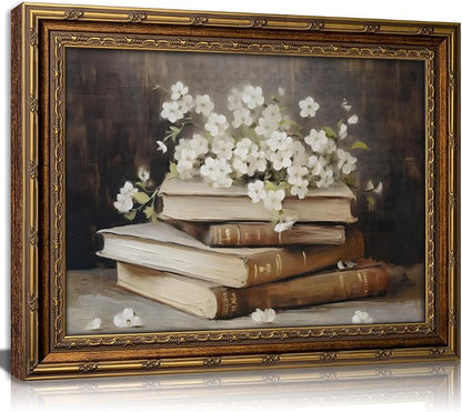 Vintage Gold Framed Wall Art Retro Moody Books and Flowers Oil Painting Canvas by DQUCWDKVintagegoldframedwallart