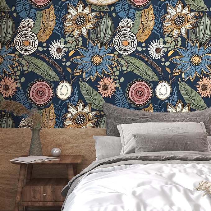 Blue Boho Wallpaper Peel and Stick, Vintage Floral Contact Paper 17.5" x 393.7" - Image 6