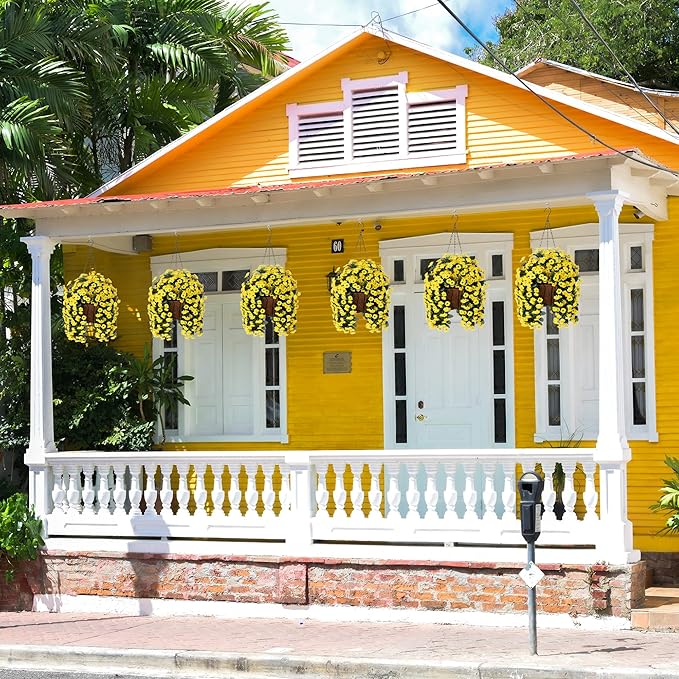 NXUGAO Artificial Flowers with Hanging Basket for Outdoors Indoors Decor, Faux Silk Chrysanthemum Plants in Baskets for Home Decoration Garden Yard Patio, 4 Bundles with 1 Basket