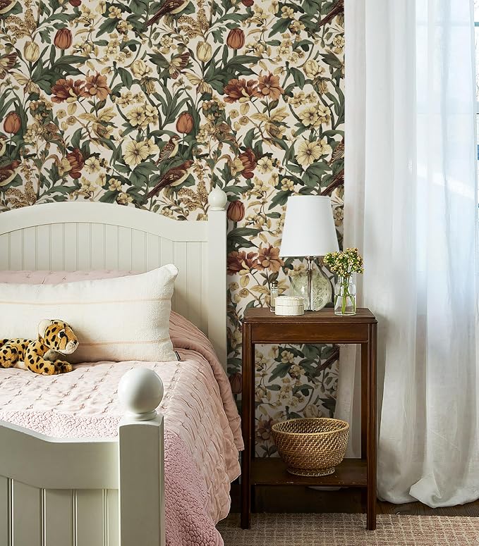 Erfoni 17.3" x 394" Birds Floral Peel and Stick Wallpaper Vintage Contact Paper - Image 3