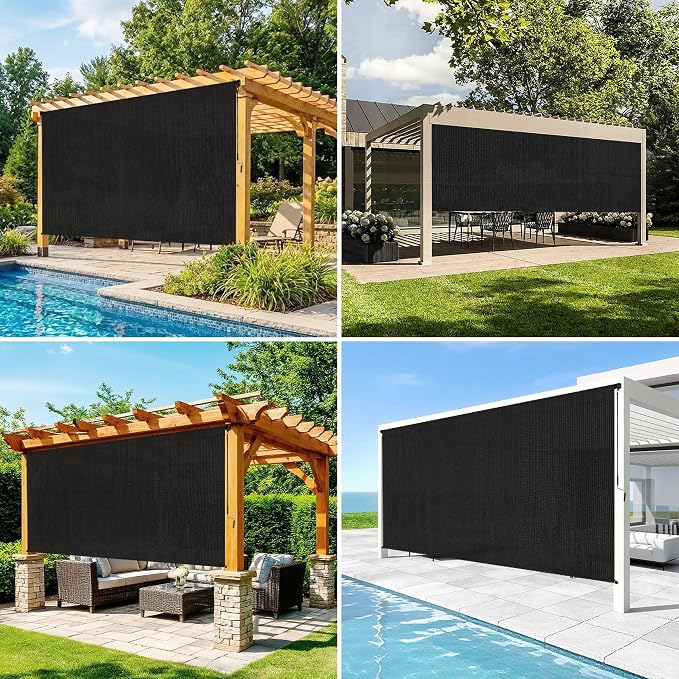 7'W x 8'H Black Patio Shades Roll up Outdoor Roller Shade Crank Wand Blind - Image 5