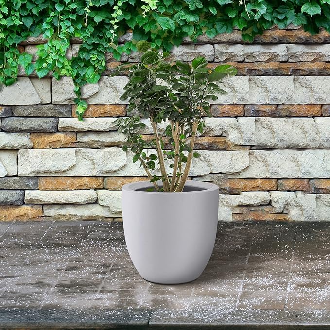 Kante 14 Inch Dia Round Concrete Planter, Indoor Outdoor Large Plant Pot with Drainage Hole and Rubber Plug for Home Patio Garden, Pure White