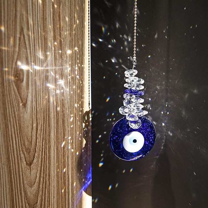 Blue Glass Evil Eye Talisman with Crystal Beads - Good Luck Charm, Home, Office, Car Decoration, Blessing Ornament, Reflects Negative Energy