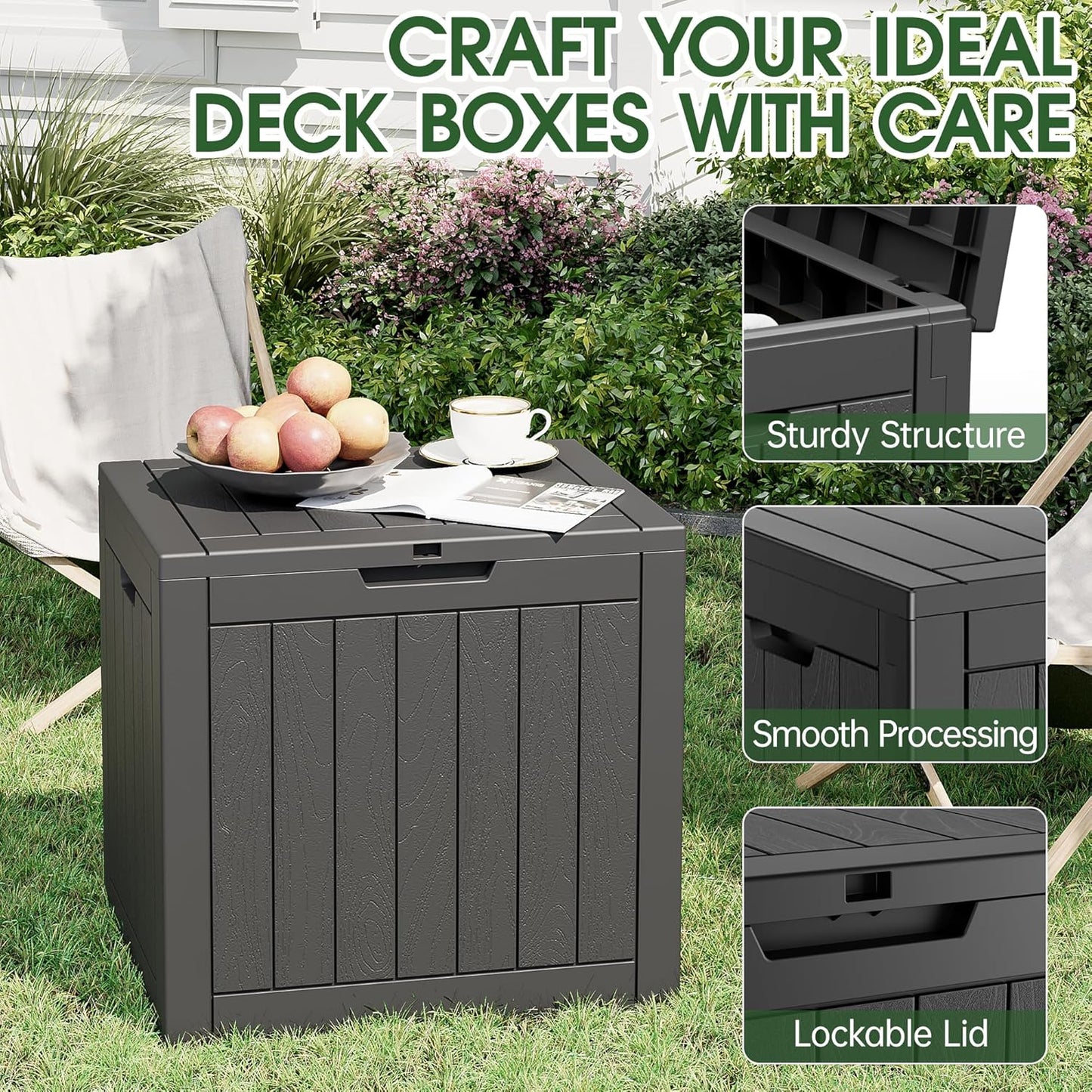 KAMABOKO Deck Box, 35 Gallon Resin Indoor and Outdoor Storage Boxes Waterproof for Garden Tools, Pool Accessories Storage Bench, Patio Furniture and Cushions with Lockable Lid, Black