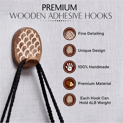 IndianShelf 6 Lb- 24 Pieces Decorative Wood Adhesive Wall Hooks–Boho Peel and - Image 5
