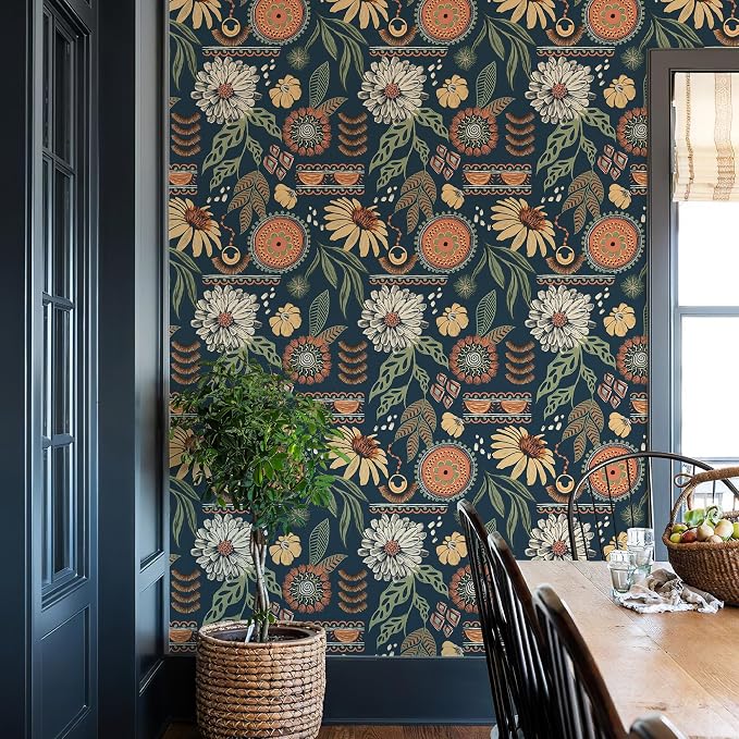 Simon&Siff Boho Peel and Stick Wallpaper, 17.3" x 480" Blue Sun Floral Retro by SimonSiff
