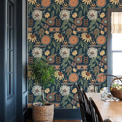 Simon&Siff Boho Peel and Stick Wallpaper, 17.3" x 480" Blue Sun Floral Retro by SimonSiff