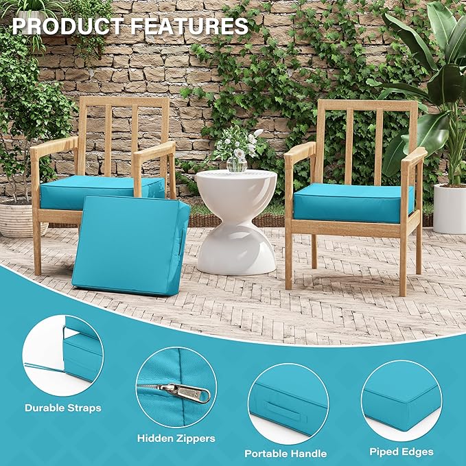 Patio Chair Cushions 18.5 X 16 X 4 Inch Waterproof Outdoor Seat Cushions for Patio Furniture, Outdoor Sofa Couch Pads with Ties & Handle, Set of 2, Lake Blue