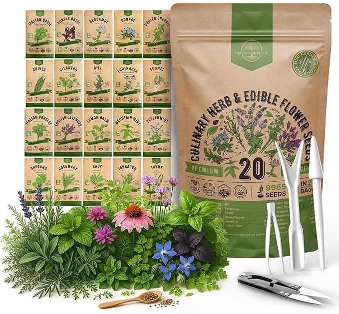 Organo Republic 20 Culinary Herbs & Edible Flower Seeds Variety Pack for Planting Indoor & Outdoor. 9500+ Non-GMO Heirloom Flower Garden Seeds: Basil, Borage, Echinacea, Lavender, Oregano & More