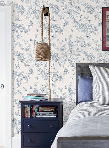 Froluya Cream White and Blue Floral Wallpaper Peel and Stick Wallpaper - Image 9