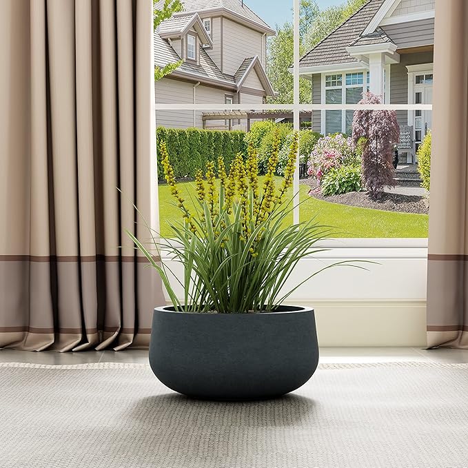Kante 19.6" Dia Round Concrete Planter, Cement Plant Pots with Drainage Hole and Rubber Plug for Outdoor Indoor Garden Home, Modern Curvaceous Design, Dark Gray