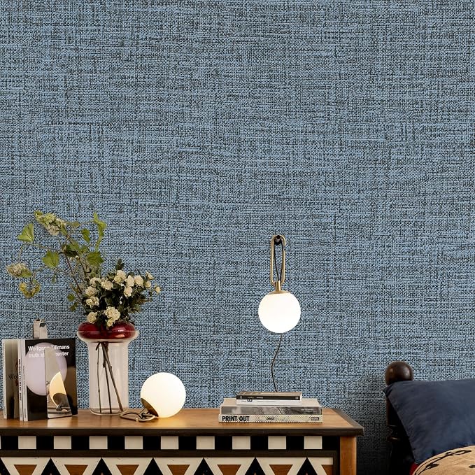 Blue Gray Grasscloth Peel and Stick Wallpaper 17.3"x1200" Faux Linen Textured - Image 3