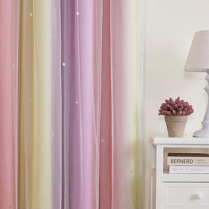 XiDi Curtains for Bedroom Decor, Rainbow Pink PurpleYellow34/90/1 - Image 3
