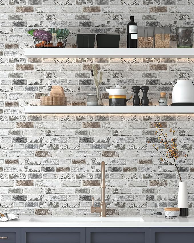 Brick Wallpaper Peel and Stick Wallpaper 17.3"x590" Grey and White 3D Brick - Image 6