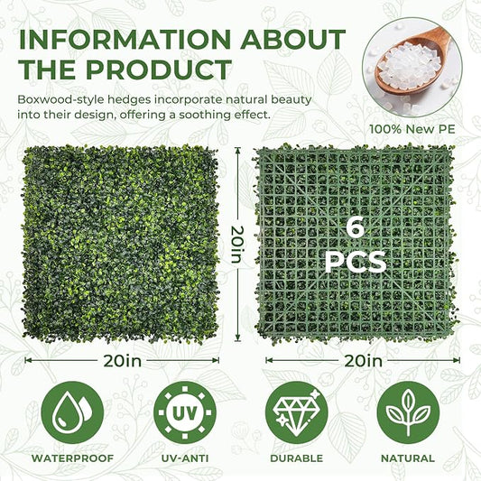 Artificial Grass Wall Panel Screen: 20"x20" 6P UV-Anti Faux Boxwood Panels - Image 2