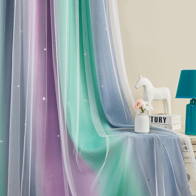 XiDi Curtains for Bedroom Decor, Rainbow Purplgreen grey52/54 - Image 3