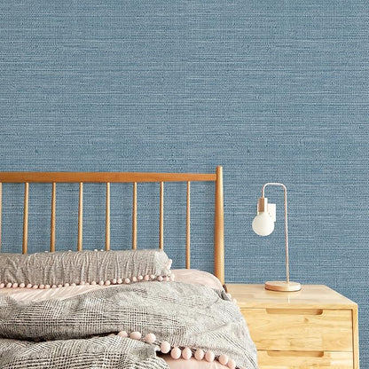 JiffDiff Grasscloth Wallpaper Peel and Stick 1181" x 17.3" Blue Cream - Image 4