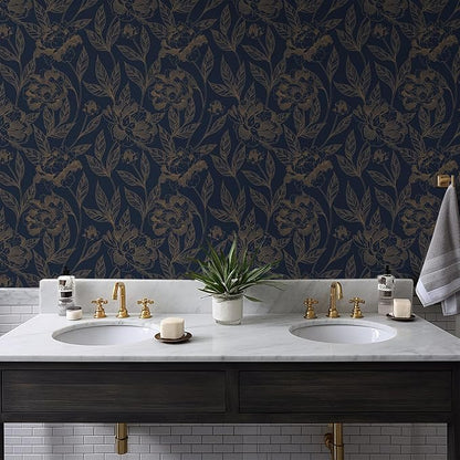 Timeet Peel and Stick Wallpaper Gold and Blue Floral Wall Paper - Image 5