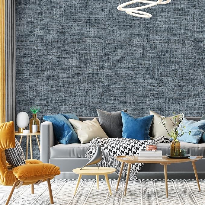Blue Gray Grasscloth Peel and Stick Wallpaper 17.3"x300" Faux Linen Textured - Image 8