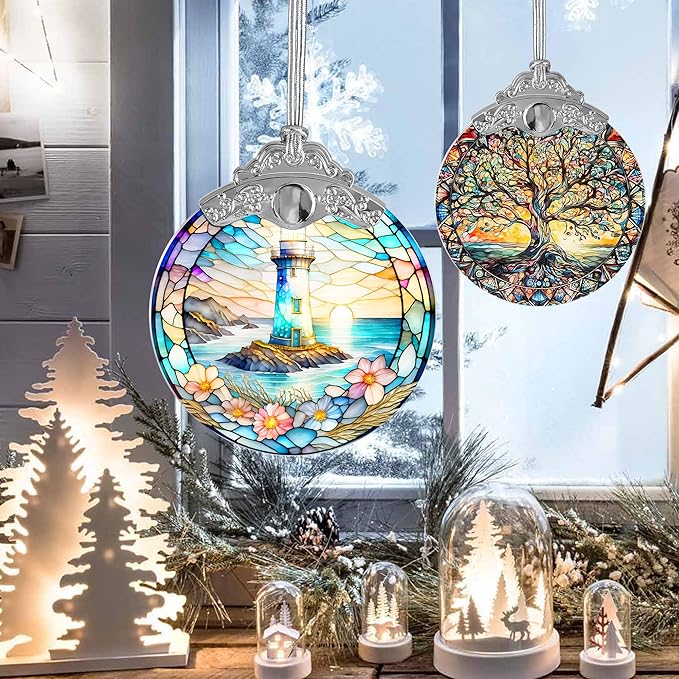 Stained Glass Suncatcher, Jocidea Lighthouse Ornament, Christmas Ornaments, Holidays Ornaments, Christmas Tree Decor, Lighthouse Decor for Home, Lighthouse Gifts