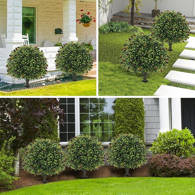 Artificial olive Topiary Ball Tree 24" with Ground Spike, Set of 2 Artificial Boxwood Bushes for Faux Shrubs, Fake Evergreen Faux Plant for Indoor Outdoor Porch Garden -UV Resistant–Fade-Proof