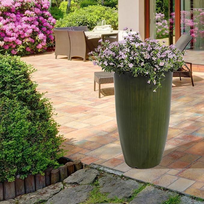 Worth Garden 23.5" H. Large Plastic Planters - Set of 2 Gradient Green Glossy Smooth Finish - Tall Plant Pots for Indoor & Outdoor Use - Decorative Lightweight Flower Pots for Front Porch, Patio, Deck