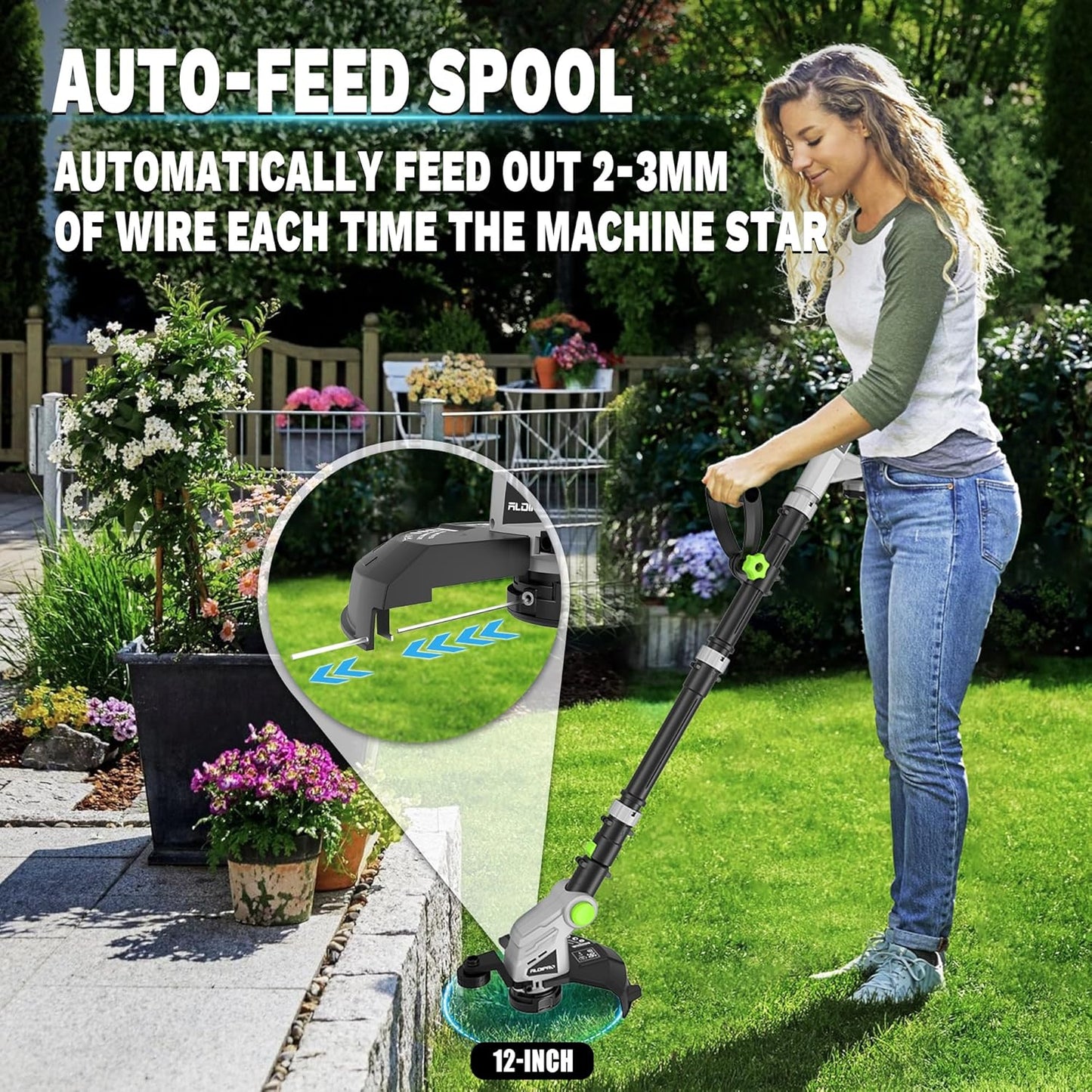 21V Cordless String Trimmer, 12" Weed Eater and Weed Wacker with Auto-Feed, Battery & Charger Included, Lightweight Adjustable Handle for Lawn Edging (AD-ST-001)