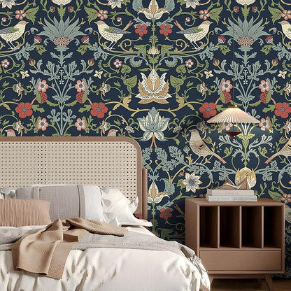 FunStick Navy Blue Floral Wallpaper Peel and Stick Vintage William Morris Green - Image 2