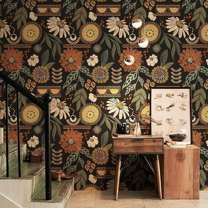 JiffDiff Boho Wallpaper Peel and Stick 17.3" x 400" Vintage Sun Floral Retro - Image 4