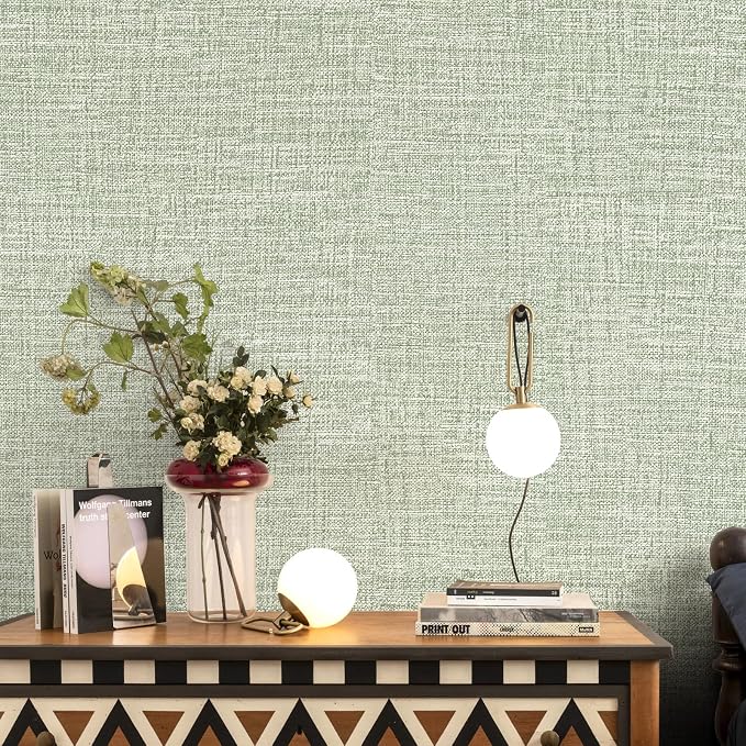 Green Grasscloth Peel and Stick Wallpaper 17.3"x120" Faux Linen Textured - Image 3